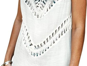 Womens White Crochet-Sleeveless Tunic V Neck Cover Up