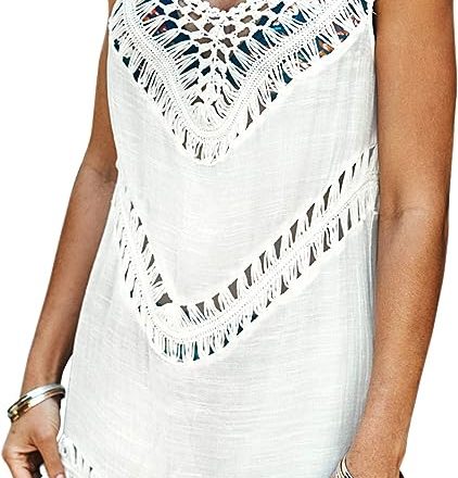 Womens White Crochet-Sleeveless Tunic V Neck Cover Up