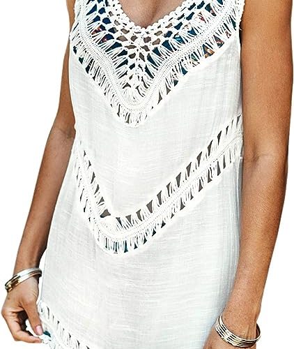 Womens White Crochet-Sleeveless Tunic V Neck Cover Up